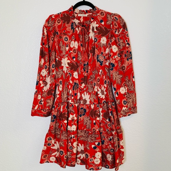 Ulla Johnson Dresses & Skirts - Ulla Johnson Red Liv Floral Mini Dress Size 8 Long Sleeves Cotton Blend Boho